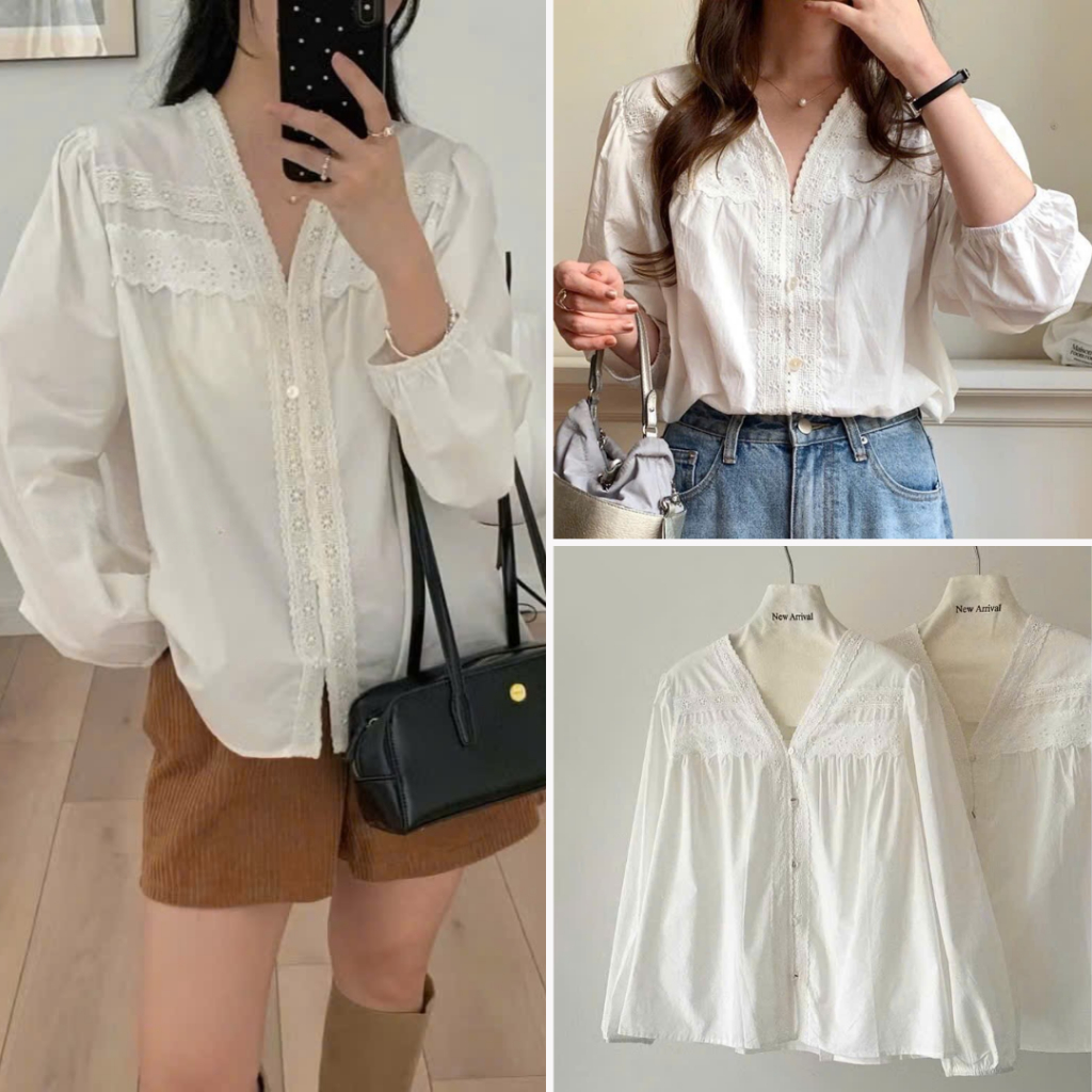 Áo Sơ Mi GINA Cổ V Tay Dài Viền Ren Cách Điệu, Labibi
