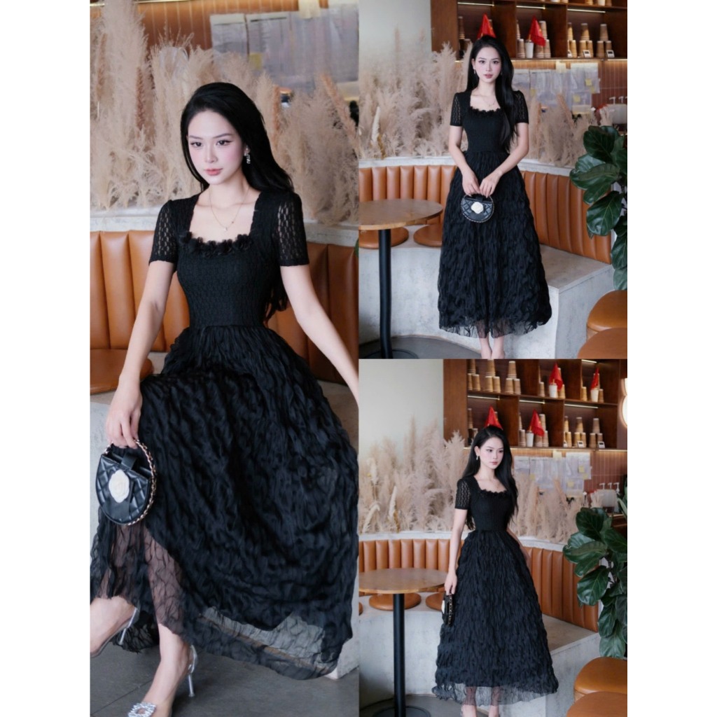 Váy đen cổ vuông tay ngắn dáng dài sang trọng – Đầm dự tiệc tiểu thư cổ điển | D95
