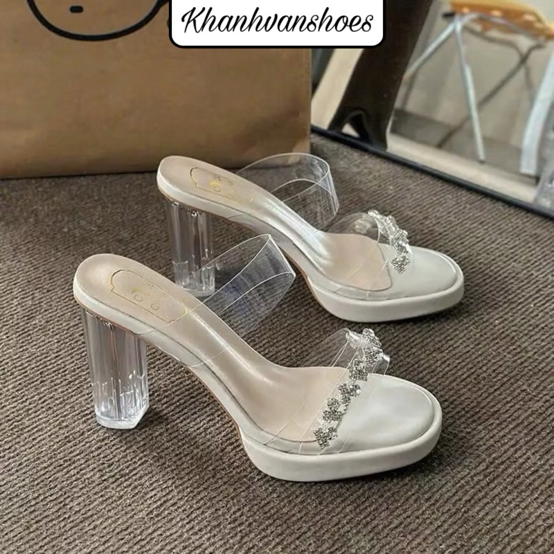 [DT1]Sandal cao gót quai trong đính dây đá gót trong 9 phân KHANHVANSHOES