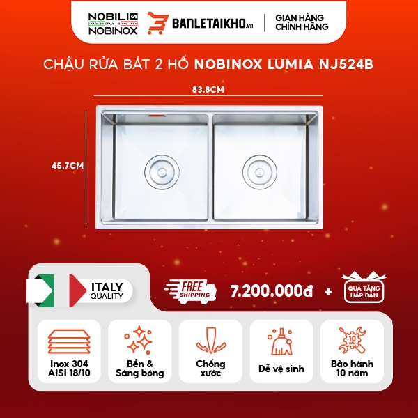 Chậu Rửa Bát 2 Hố Inox 304 NOBINOX LUMIA NJ524