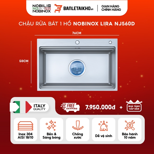 Chậu rửa bát 1 hố Inox 304 NOBINOX LIRA NJ560D vân hạt Linen chống xước