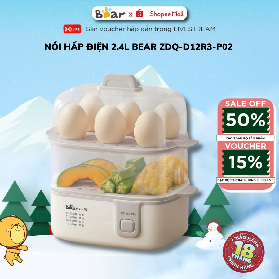 Nồi Hấp Điện 2.4L Mini 2 Tầng Bear ZDQ-D12R3-P02, 270W, Dễ Vệ Sinh, Cho 1 Người, Bảo Hành 18 Tháng