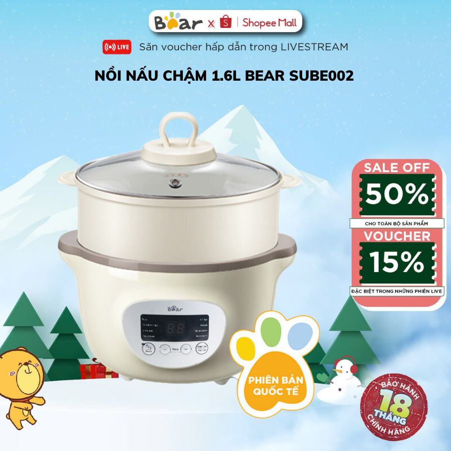 Nồi nấu cháo chậm cho bé Bear 1.6L SUBE002 bản quốc tế, Kèm Lồng Hấp, ninh, hầm, ủ cháo, BH 18 THÁNG
