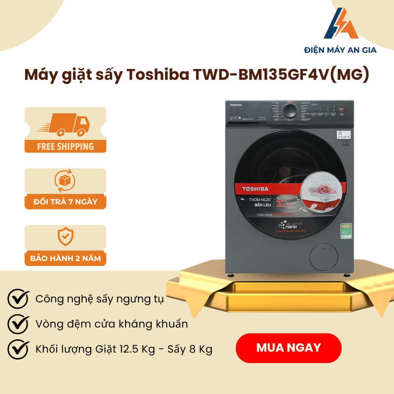 Máy Giặt Sấy Toshiba Inverter TWD-BM135GF4V(MG) – Steam Care Diệt Khuẩn, Giảm Nhăn - PEB