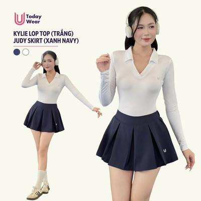 [DEAL HỜI MỞ BÁN] Set bộ đồ pickleball áo Kylie Long Top trắng mix chân váy Judy Skirt xanh navy Today U Wear