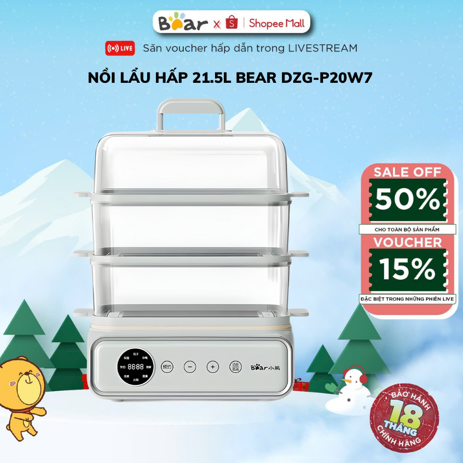 Nồi hấp 3 tầng điện đa năng Bear DZG-P20W7-21.5L - 1200W- Nấu lẩu cháo - Hẹn giờ- Giữ ấm,BH 18 Tháng