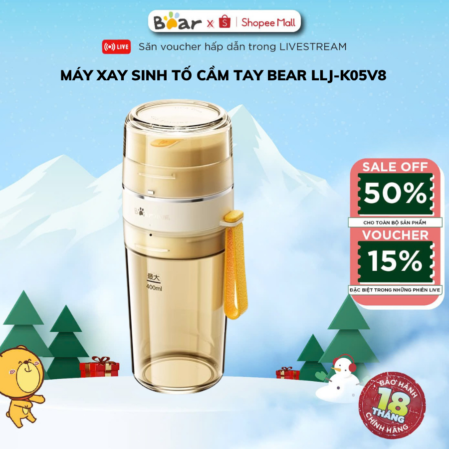 Máy xay sinh tố cầm tay 12 Lưỡi inox Bear LLJ-K05V8, Csuất 70W, Tích điện, Nghiền đá bi, BH 18 Tháng