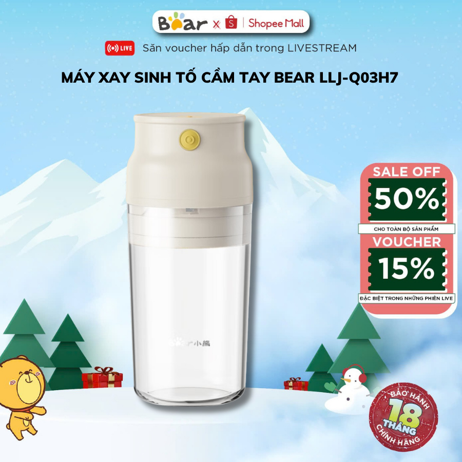 Máy xay sinh tố mini cầm tay 0.3L Bear LLJ Q03H7, 40W, tích điện, 2 Lưỡi xay trái cây, BH 18 Tháng