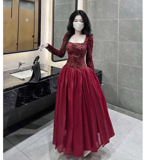 Đầm ren cổ vuông dài tay phối chân váy  tơ dáng bồng tôn dáng siêu xinh, váy lệch vai ly rập chuẩn hàng tkl1