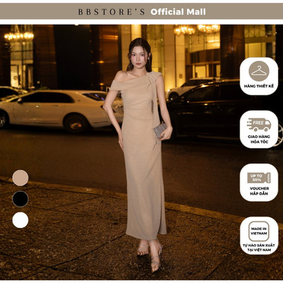 BBSTORE'S Đầm Body Tiệc Thun Dài Lệch Vai Kết Hoa Tua Rua 3D Vai - D4569T