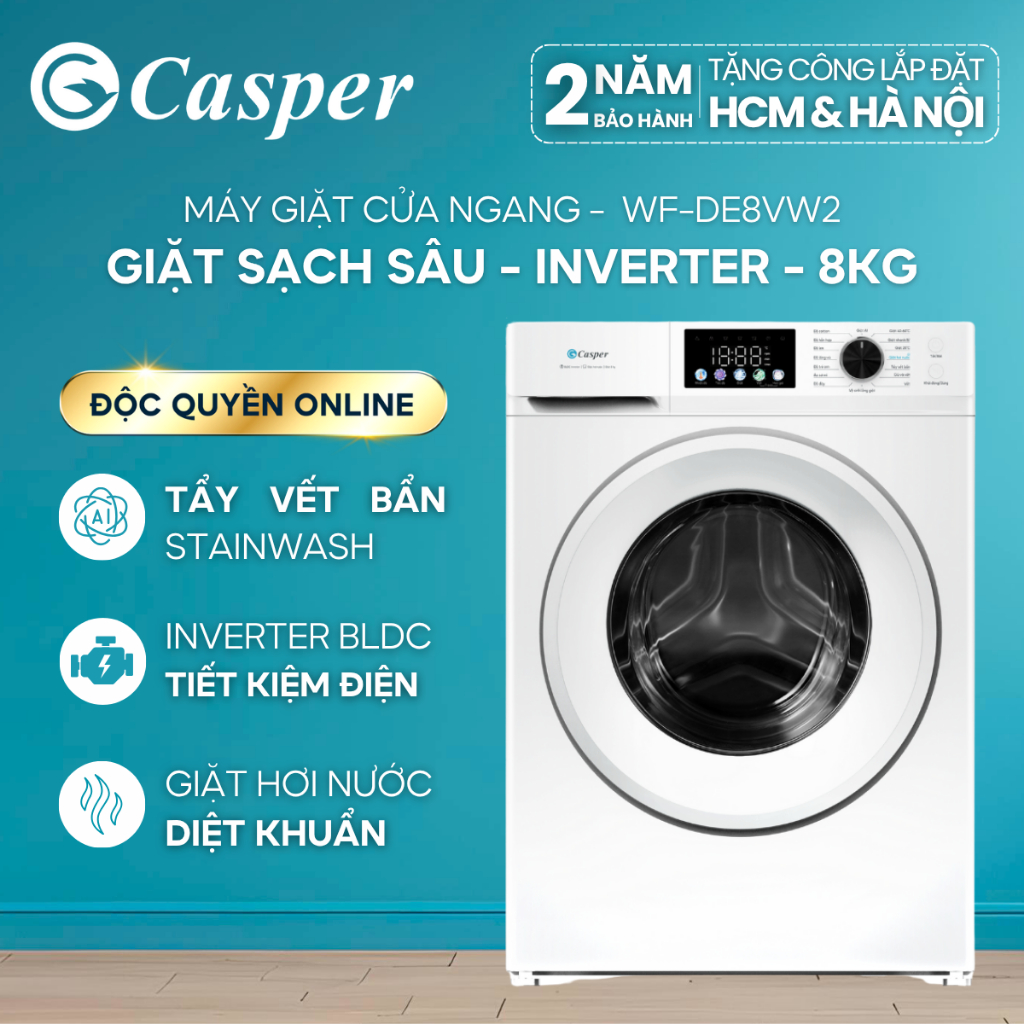   Shopee - Lắp đặt 0Đ HCM  HN  Máy giặt cửa ngang Casper Inverter 8KG WF-DE8VW2 - Chính hãng - Bảo hành 2 năm 