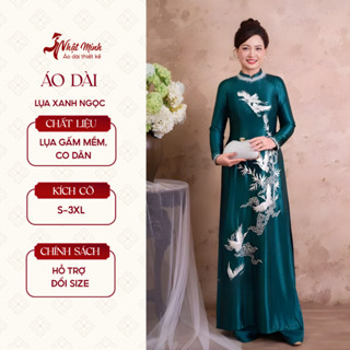  Áo Dài Lụa Xanh Ngọc Thêu Chim Hạc Trắng Cho Mẹ Sui Đính Ngọc Sang Trọng Dáng Truyền Thống Cao Cấp 