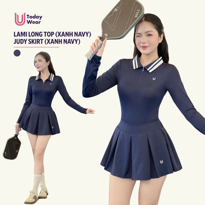 Set bộ đồ pickleball áo Lami Long Top mix chân váy Judy Skirt xanh navy Today U Wear vải thoáng khí