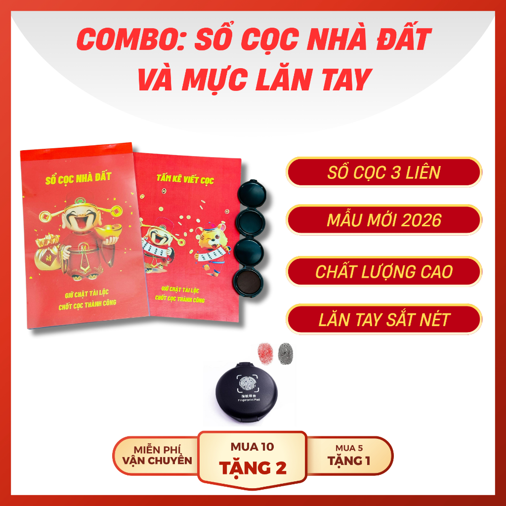 [Combo] Sổ cọc nhà đất 3 liên + hộp mực lăn tay: Hợp đồng đặt cọc thần tài mẫu mới 2026 hộp mực dấu 