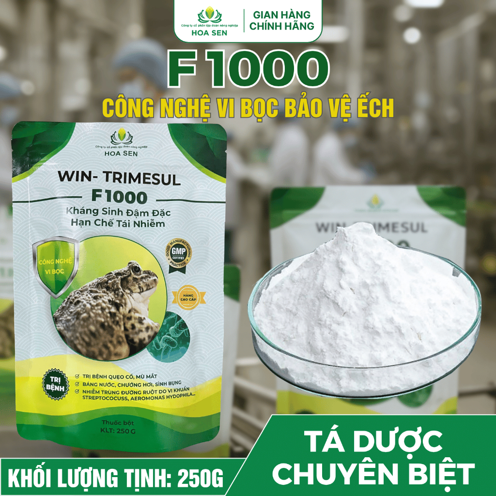 Chế Phẩm Sinh Học F1000 HOA SEN – Công Nghệ Vi Bọc Giúp Bảo Vệ Và Tăng Sức Khỏe Cho Ếch Túi 250G