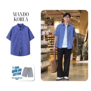  Áo Sơ Mi Navie-Shirt Linen Cotton Họa Tiết Kẻ Ô Over-sized Phong Cách Hàn Quốc MANDO KOREA Menswear - SHT044 