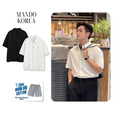 Áo Sơ Mi Metal-Shirt Giấu Cúc Tag Logo Kim Loại Ngắn Tay Oversized MANDO KOREA Menswear - SHT040