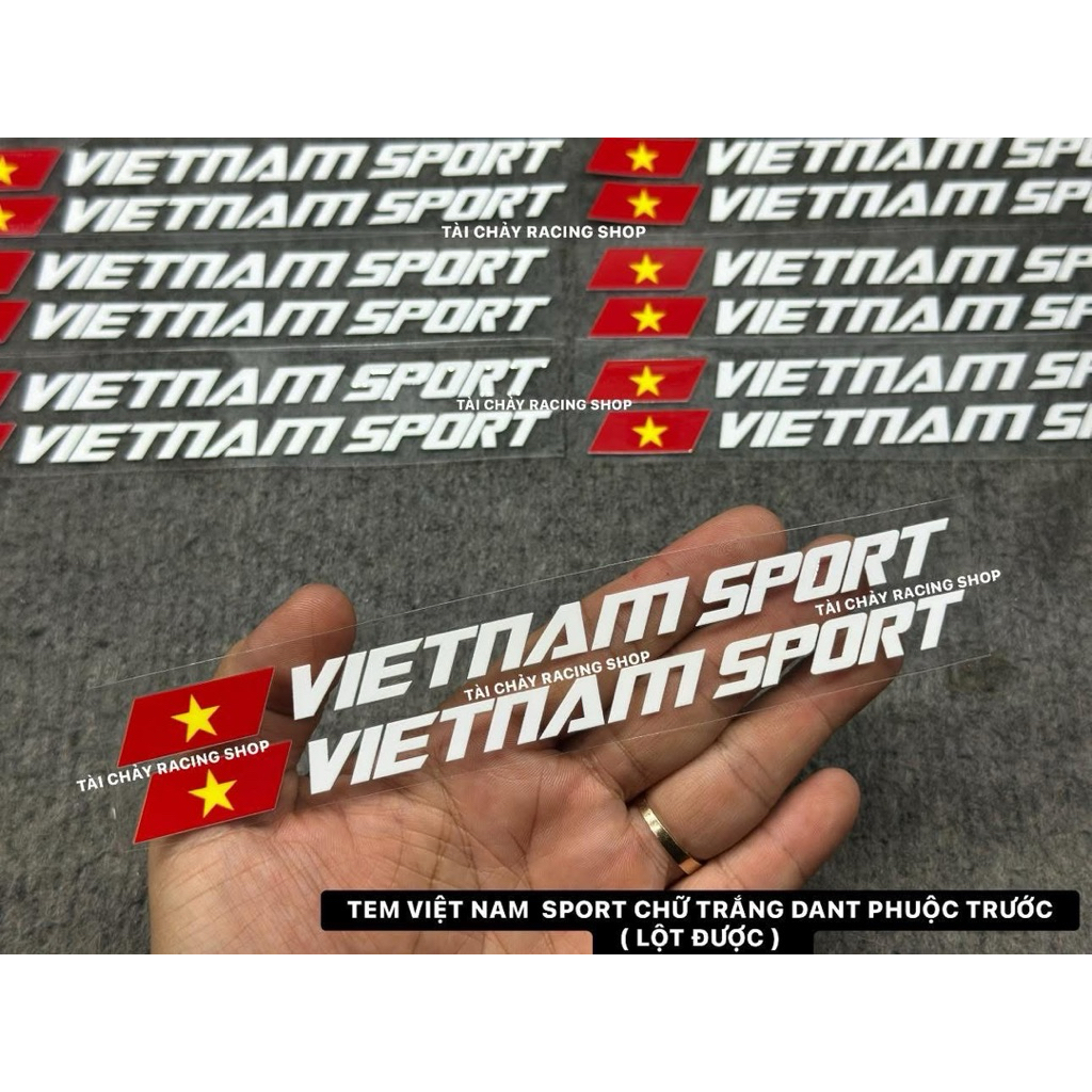 [ 1 CẶP ] TEM DÁN PHUỘC TRƯỚC CỜ VIETNAM SPORT CHỬ TRẮNG ( LỘT ĐƯỢC )