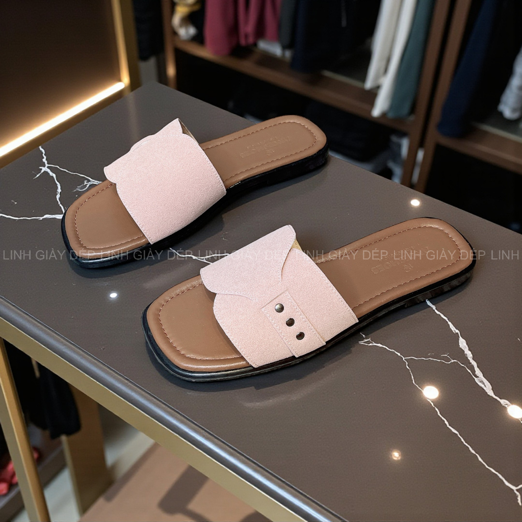Dép Nữ Đế Bệt Quai Đinh Tán Cách Điệu Da Lì Và Da Lộn Mềm Êm Thời Trang Lót Khâu Chắc Chắn Đế 1Cm