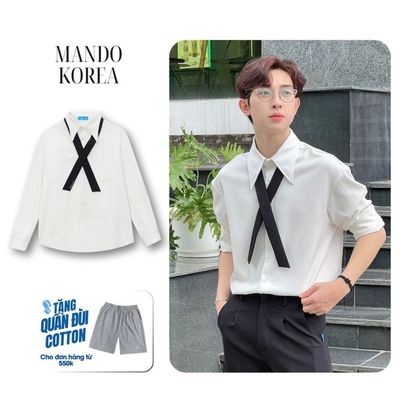 Áo Sơ Mi Trắng Tặng Cà Vạt Nam Form Rộng Dài Tay MANDO Cao Cấp Phong Cách Hàn Quốc Thời Trang Nam MANDO - SHT025