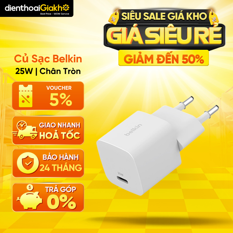Củ Sạc BELKIN PD 3.0 25W Chân Tròn Hàn Quốc (WCA012krWH) | Hàng Chính Hãng, Bảo Hành 24 Tháng