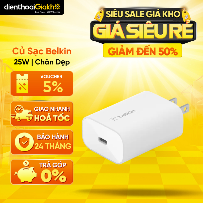 Củ Sạc Nhanh BELKIN PD 3.0 25W Chân Dẹp Cổng Type-C (WCA004) Chính Hãng, Bảo Hành 24 Tháng
