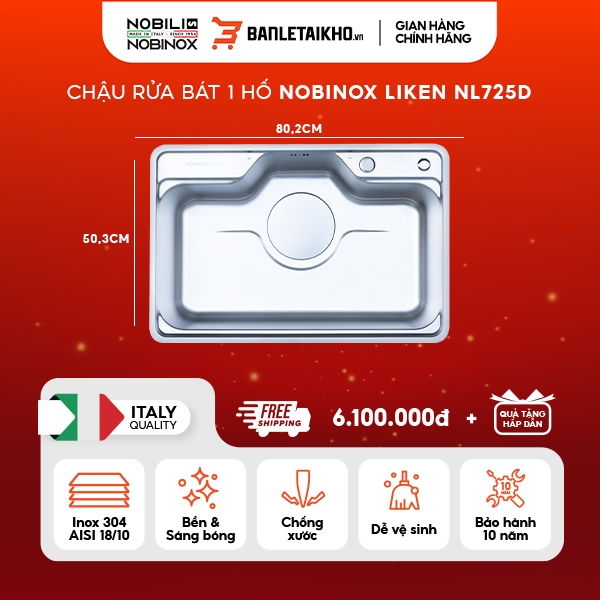 Chậu rửa bát 1 hố NOBINOX LIKEN NL725D Inox 304 AISI 18/10 Vân siêu mịn chống xước