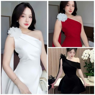  Đầm váy nữ chất mango sang chảnh dự tiệc cho nàng đầm lệch vai dây cách điệu dáng xòe ngắn kèm phụ kiện hoa - SHOP NGÔ 