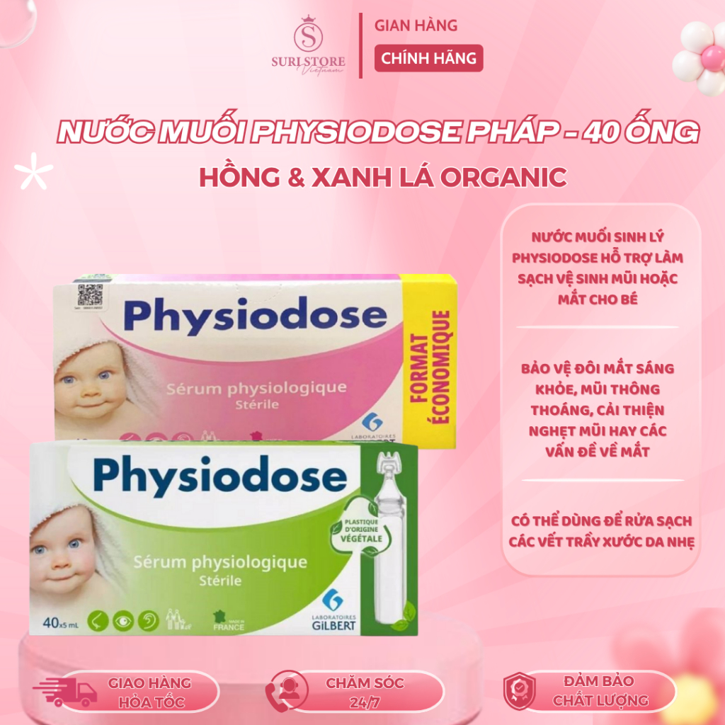 Nước muối Physiodose Pháp - 40 ống - Hồng & Xanh lá organic