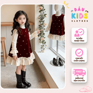   SALE SỐC  Set váy Noel 2 chi tiết áo bèo dài tay mix váy yếm nhung phối tơ đá Dâu Kids 
