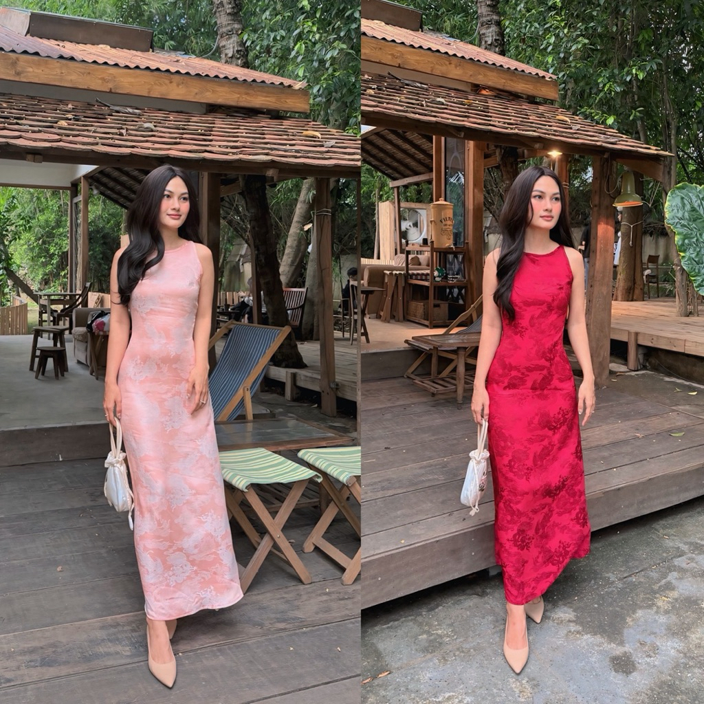 Đầm lụa cổ yếm dáng dài Tết 2026 - Orimi