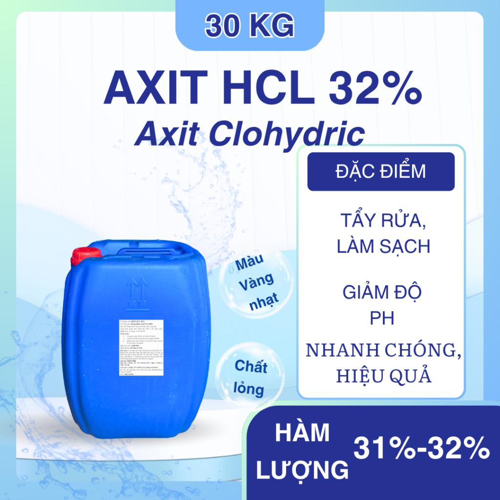 HCl 32%, HCl Giảm PH Hồ Bơi Giá Rẻ, Dung Dịch HCL Tẩy Rửa Can 30Kg