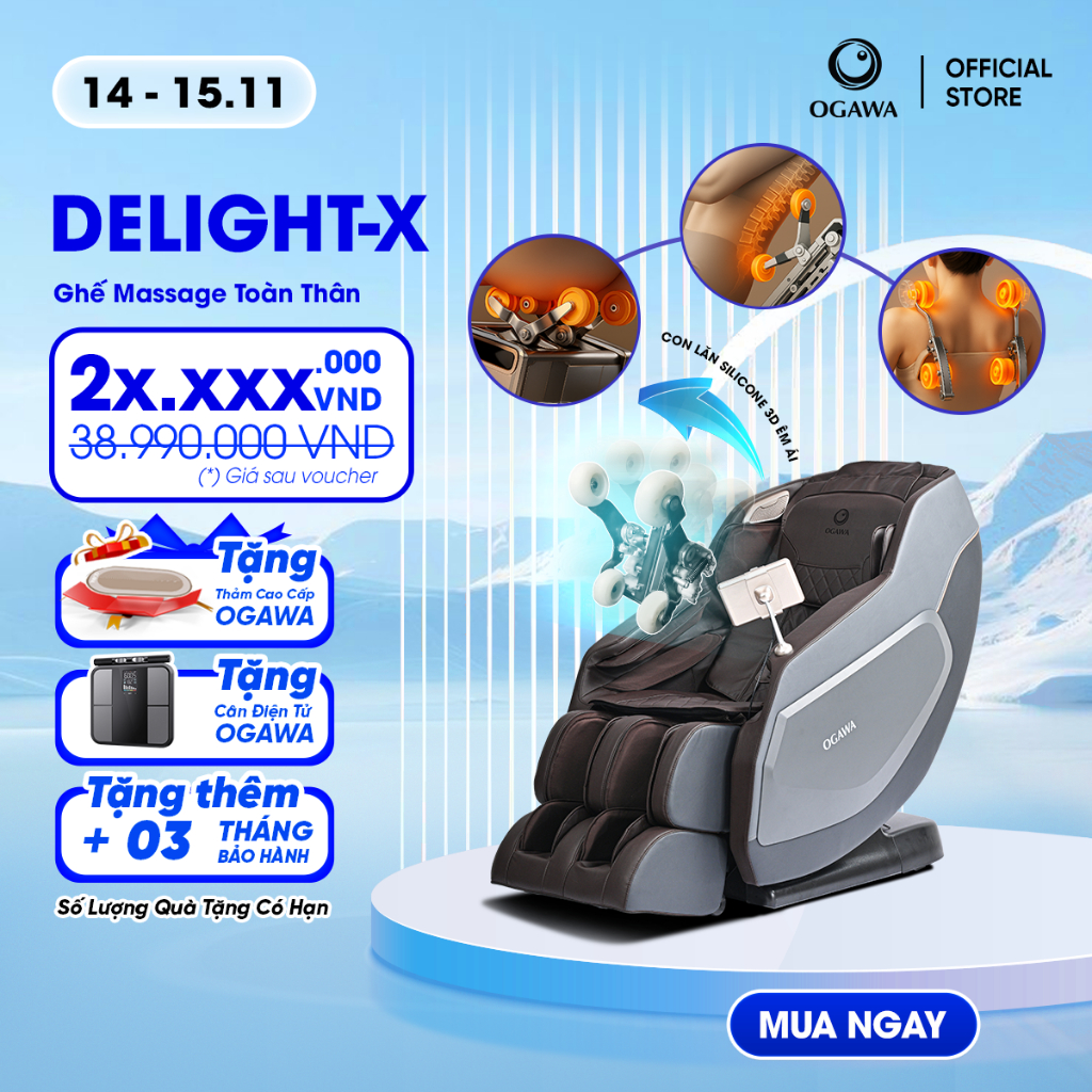 [BẢO TRÌ TRỌN ĐỜI] Ghế massage toàn thân OGAWA DELIGHT X - con lăn bắp chân, trục SL kéo dài