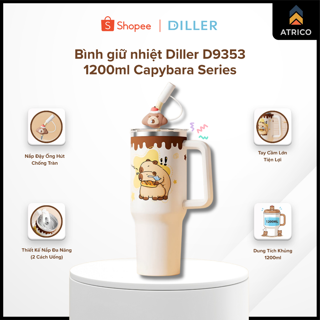 Bình Giữ Nhiệt Diller D9353 Capybara 1200ml – Lõi Inox 316L, Giữ Nhiệt 8–12h, Ống Hút Inox