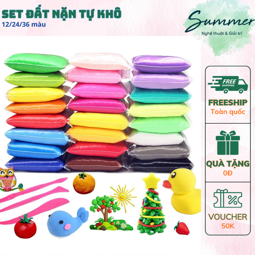 Đất Sét Nặn Tự Khô Set 12/24/36 Màu Xốp Nhẹ Giữ Hình Dáng Túi Zip Bảo Quản Dễ – Họa cụ Summer