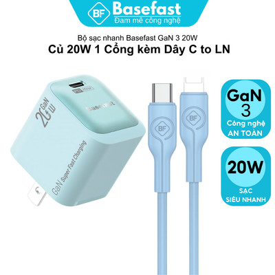 Bộ sạc nhanh 20W Basefast củ sạcGAN PD20W 1 Cổng kèm cáp Silicone cho X 11 12 13 14