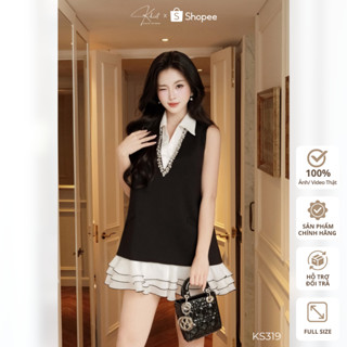 Set đầm sát nách đen viền Khiết Style bèo đính đá sang chảnh phối cổ sơ mi trắng trẻ trung phong cách tiệc tùng KS319 