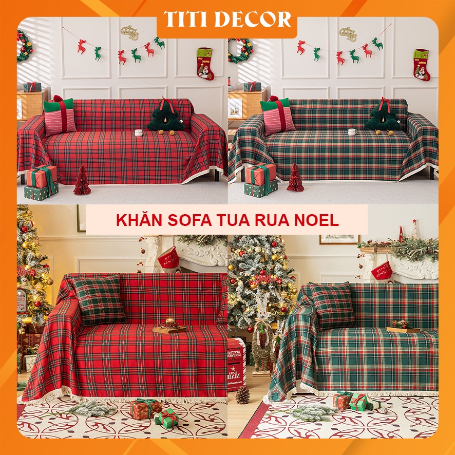 Khăn trải sofa tua rua decor phòng khách Giáng Sinh, khăn phủ sofa Noel, mền sofa, thảm decor phòng 