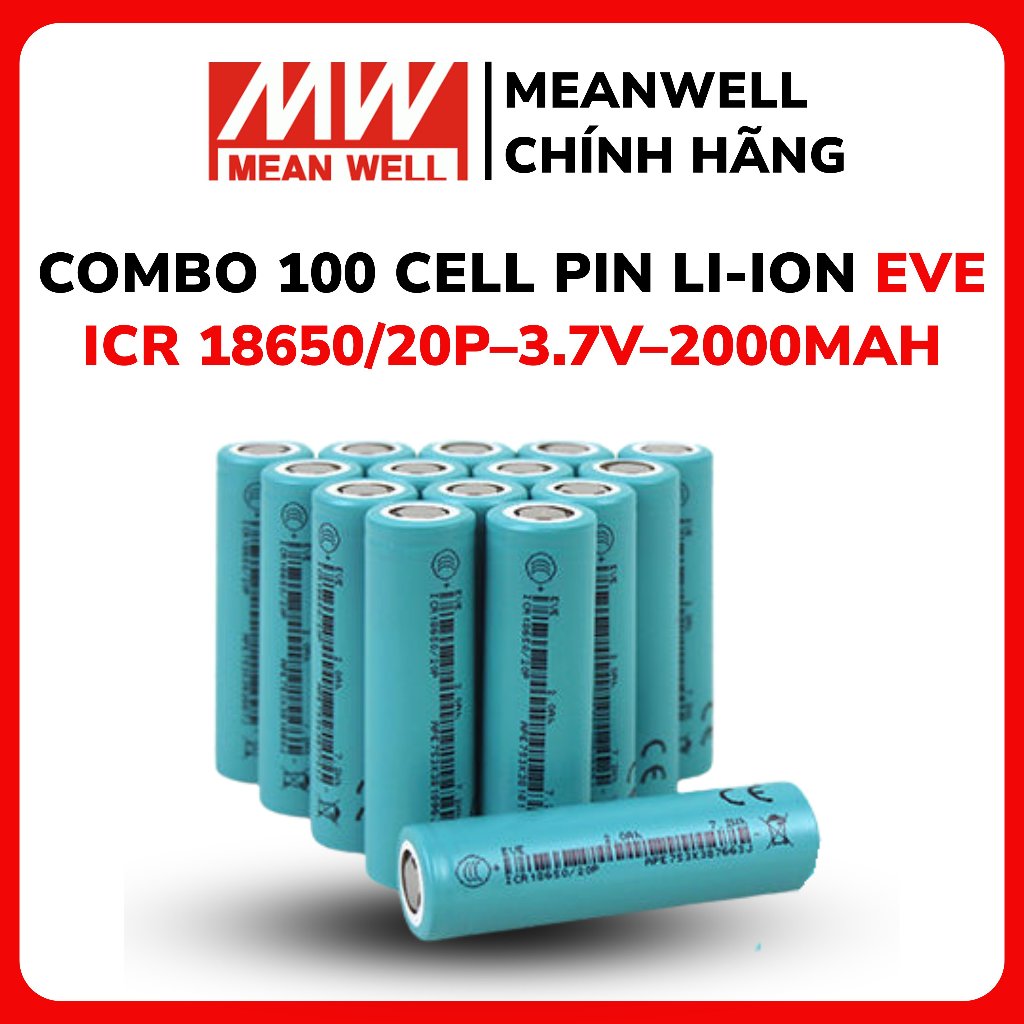 Combo 100 cell pin 18650 Li-ion EVE ICR 18650/20P–3.7V–2000mAh xả 30A liên tục