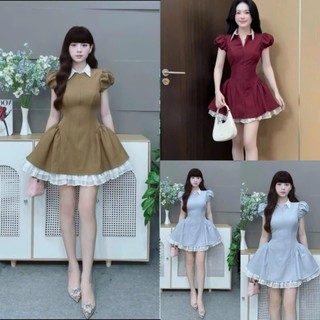  Đầm váy nữ chất cotton lạnh tiểu thư tone màu ngọt ngào đầm phối cổ trắng tay búp dáng xòe viên ngắn kèm quần- SHOP NGÔ 