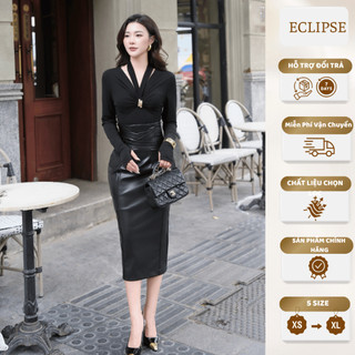  Áo yếm dây cổ sâu khuy vàng phối váy da ôm eo – Set đồ đen tôn dáng sang chảnh The Noir Allure 