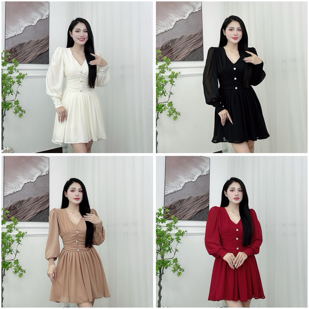 D05 - Đầm Voan Tơ Tay Dài Thiết Kế