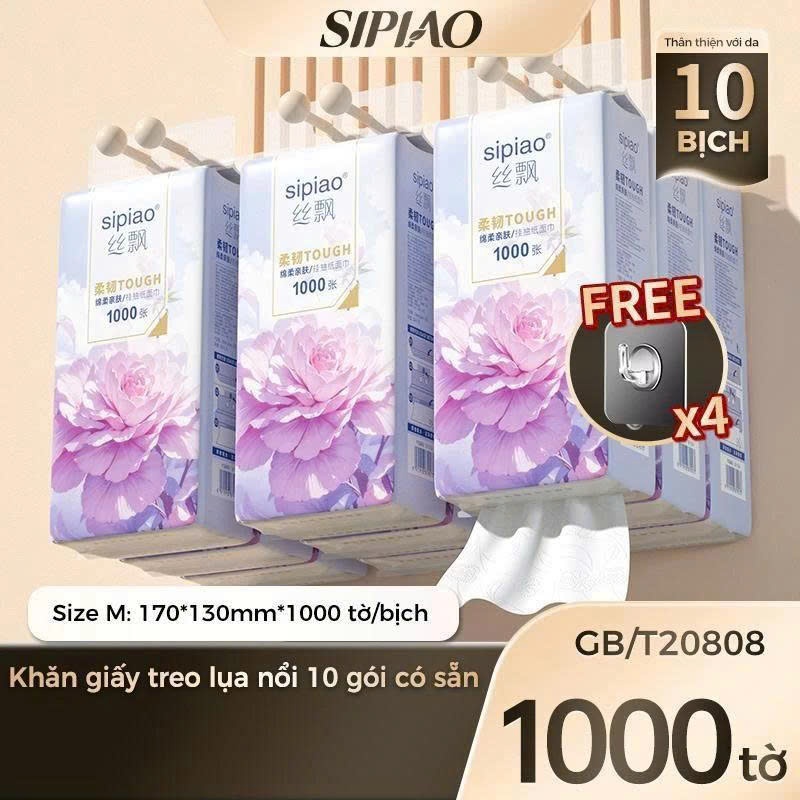 [Thùng 10 Bịch] Giấy Ăn Rút Treo Tường SIPIAO Hoa Mẫu Đơn Tím, Khăn Giấy Ăn 4 Lớp, Bịch/1000 Tờ Tặng Kèm 4 Móc Treo