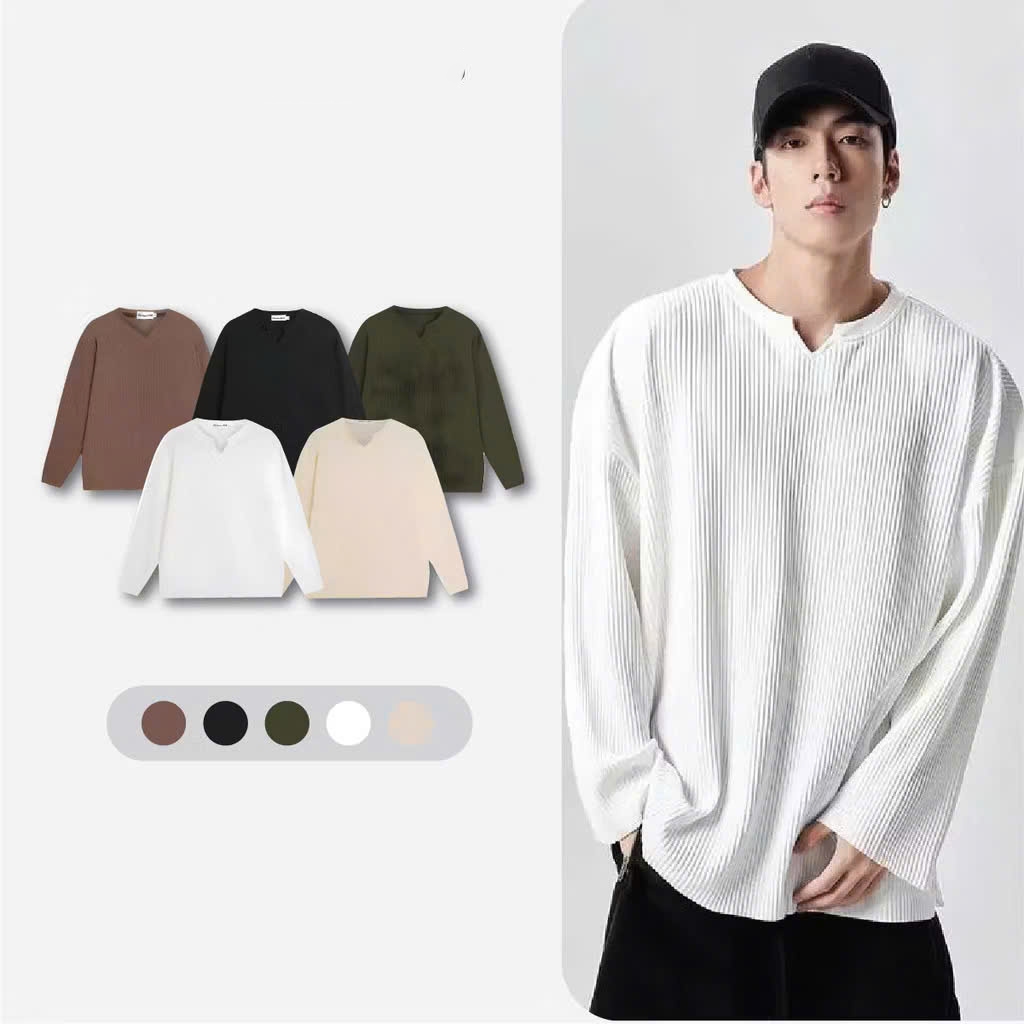 Áo Thun Nam Dài Tay Cổ V Form Suông Vải Gân Co Giãn Mềm Mại MQ LUXURY