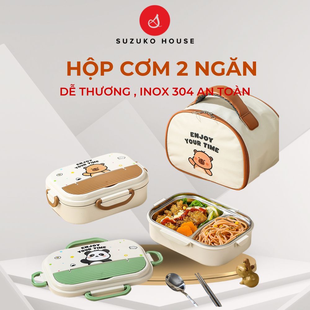 Hộp cơm văn phòng gấu cute đựng đồ ăn SUZUKO HOUSE, Hộp giữ nhiệt inox 304 2 ngăn 850ml quay lò vi s
