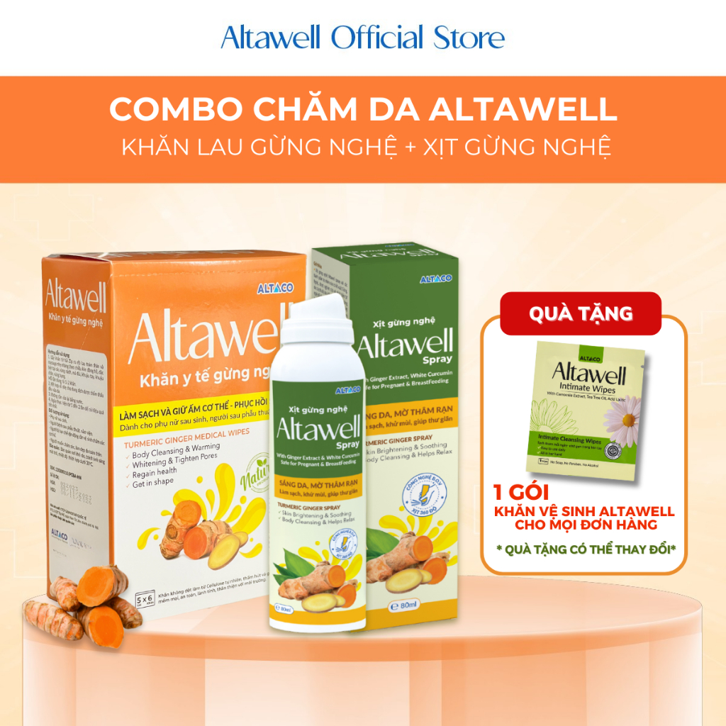 Altawell Combo Khăn Y Tế Gừng Nghệ & Xịt Gừng Nghệ – Hỗ Trợ Làm Sạch, Khử Mùi, Mờ Rạn & Thâm sạm, Hỗ