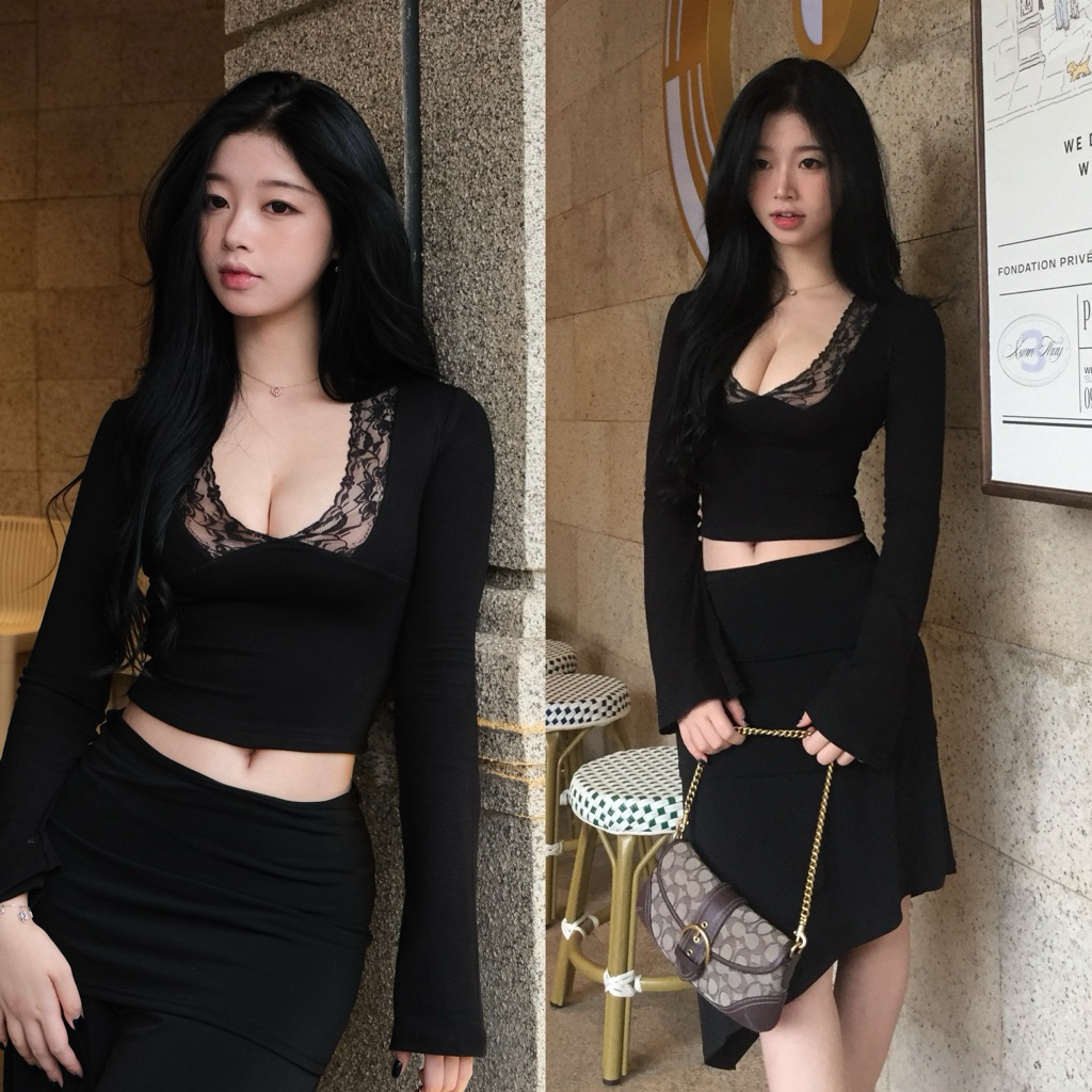 ( LINA TOP) Áo tay dài loe, kiểu dáng ren gợi cảm hai lớp dày dặn | BAHYCHIC