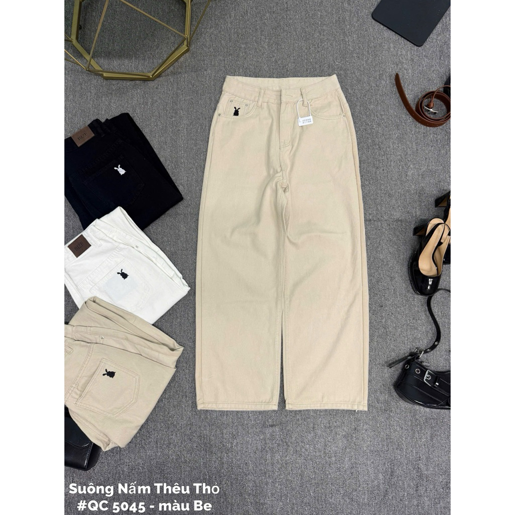 [55-90kg] Quần Jean Nữ Bigsize Cạp Cao Ống Rộng Chất Vải Jean Mềm, Quần Bò Ống Rộng Nữ Suông Nấm Trắng Đen Be QC5045 | BigBuy360 - bigbuy360.vn