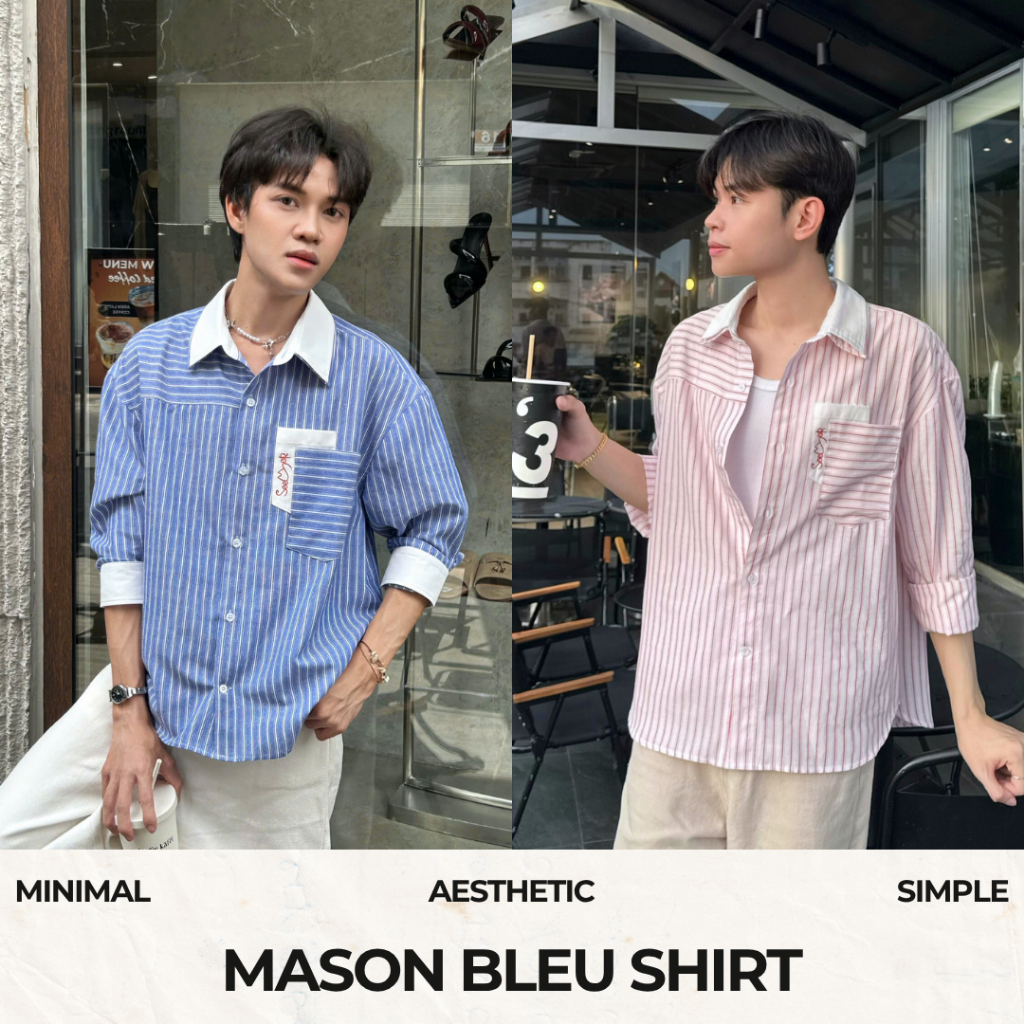SeeMer Áo Sơ Mi Kẻ Sọc Xanh Đỏ Tay Dài Thêu Túi Mason Bleu Shirt Unisex Nam Nữ