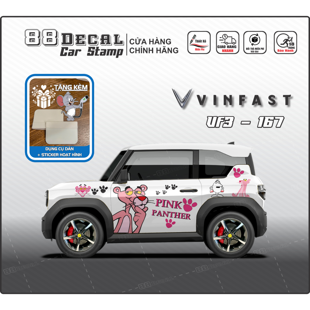Tem dán xe VF3-Decal cao cấp .Mẫu tem hoạt hình báo hồng (đầy đủ màu)1 bộ gồm 2 mặt (Mẫu VF3-167)